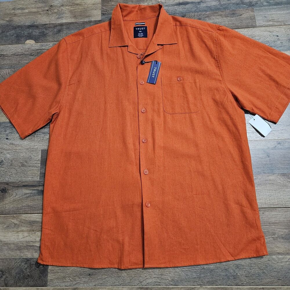 New‎ Trust Shirt Mens XXL Orange Short Sleeve Button Up Casual Linen Rayon